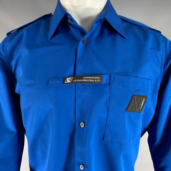 XANDER ZHOU Size S Blue Solid Polyester Epaulettes Long Sleeve Shirt - Picture 2 of 6